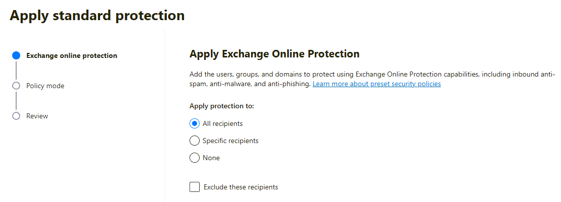 The Apply standard wizard showing the screen where you select which recipients to apply Exchange Online protection to.
