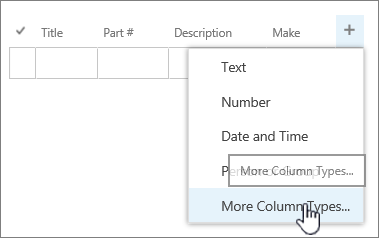 Quick Edit add column menu with More column types highlighted