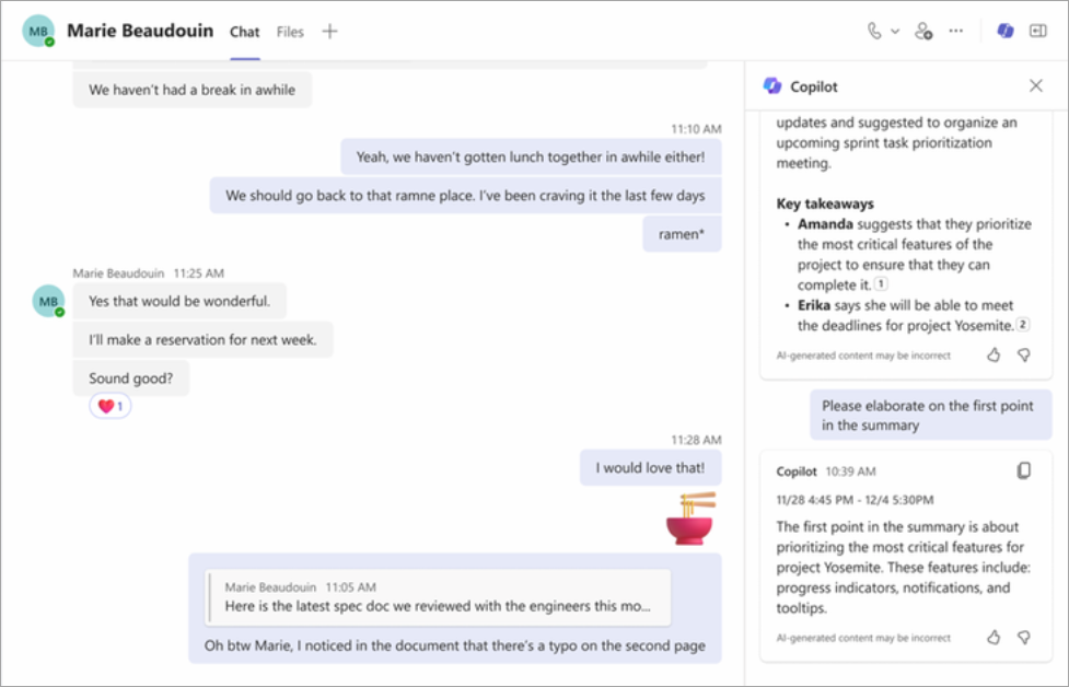Continue the conversation with Copilot in Teams chat.