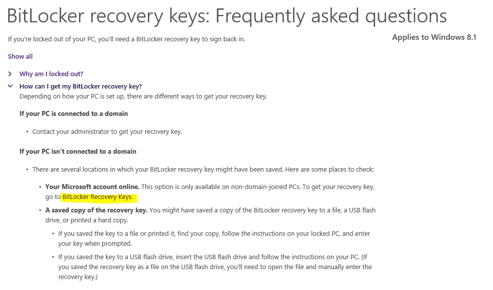 Screen shot of BitLocker recovery key: FAQ 