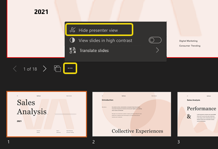 Three dots menu under current slide with Hide Presenter view selected