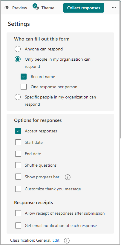 Collect responses settings dropdown
