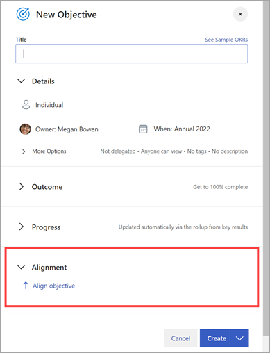 Screenshot of alignment option in Viva Goals