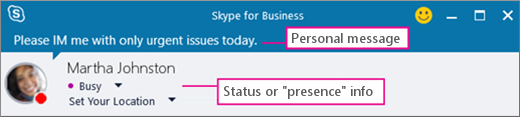 Screenshot of Skype for Business, highlighting the users Presence.