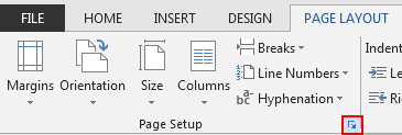 On the PAGE LAYOUT tab, the Page Setup icon at the bottom right opens Page Setup window.