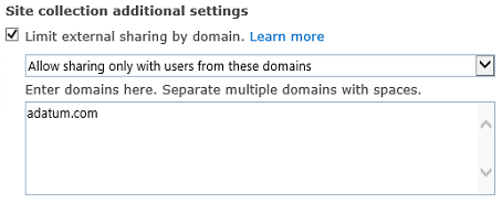 Screenshot of the restricted domain portion of the site collection settings dialog box.