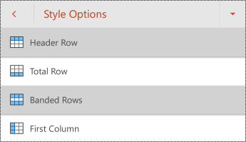 Table header row styles menu in PowerPoint for Android.