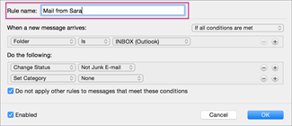 jak stosować reguły tutaj w programie Outlook 2011 mac