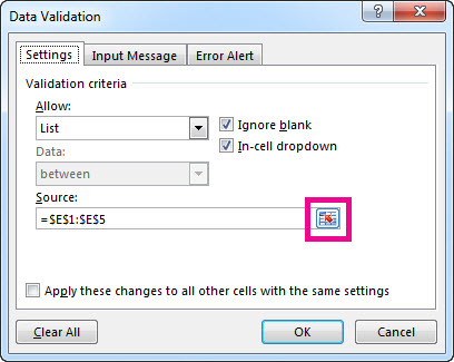 Collapse Dialog Box button on the Settings tab