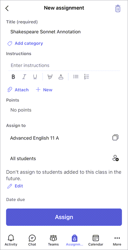 Screenshot of assignment creation page in mobile Teams.