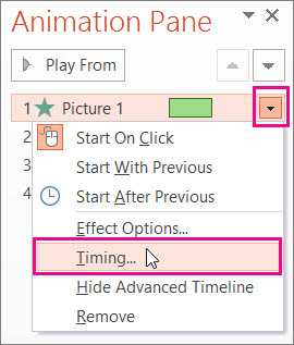 Set the timing of an animation effect