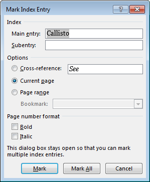 Mark Index Entry dialog box