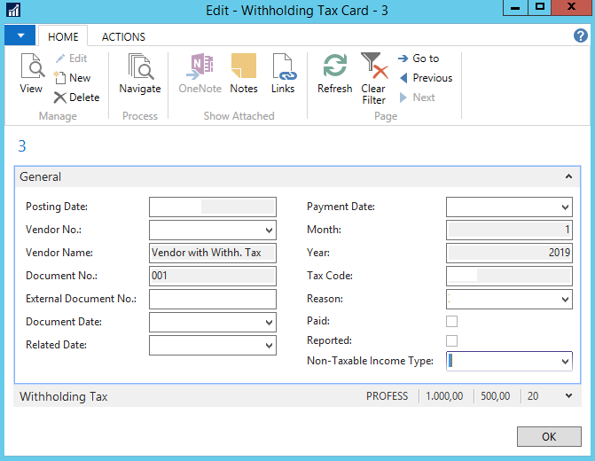Screenshot of editing Withholding Tax Card