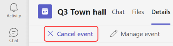 Screenshot highlighting how to cancel a town hall in Teams