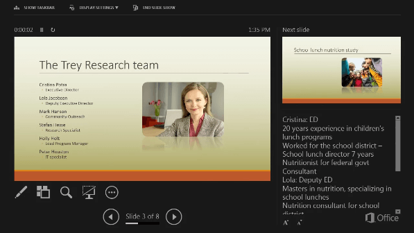 Presenter View in PowerPoint 2016, with a circle around the Speaker Notes