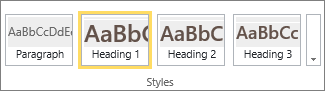 Screenshot of the Styles group on the SharePoint Online ribbon with the Heading 1 style selected.