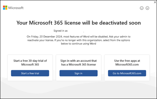 Microsoft 365 Deaktivierungsfehleroptionen