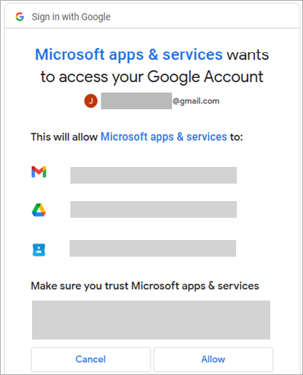Screenshot showing Google account permissions window