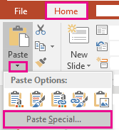 Art showing Paste Special Options found by clicking the arrow under Paste on the Home tab