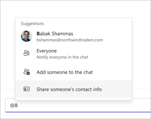 Screenshot showing how to pull up a contact to share using @mention.
