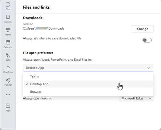 In Teams Settings, choose your file open preferences under Files and links.