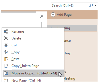 Screenshot of how to move or copy a page in OneNote 2016.