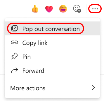 A red box highlights "More options." A second red box highlights "Pop out conversation."