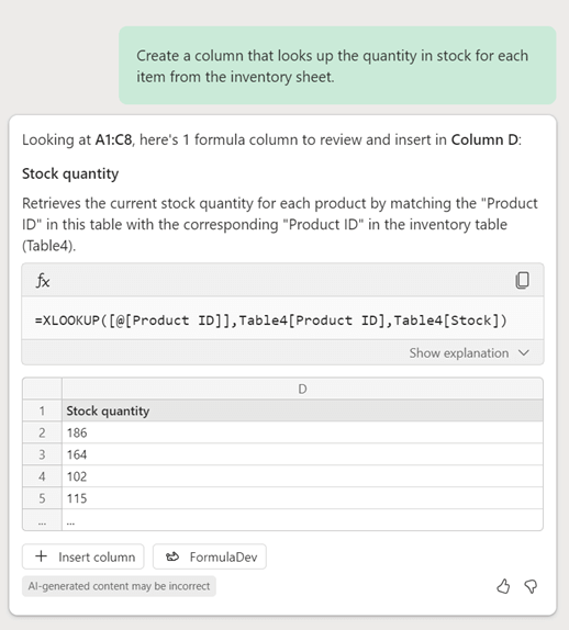 Copilot in Excel creates an XLookup formula based on a prompt from the customer asking for a column that looks up inventory data in another sheet.