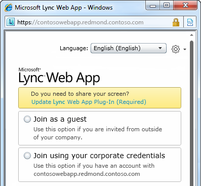 Options for joining a meeting with Lync Web App
