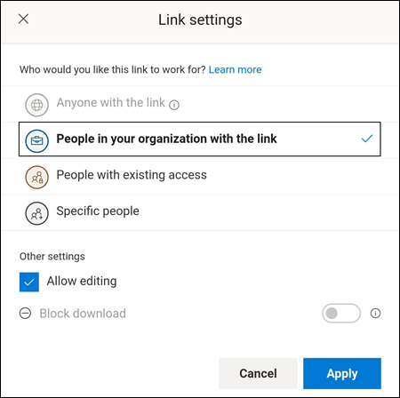 Select who can access a file, whether to allow editing, or block downloads.