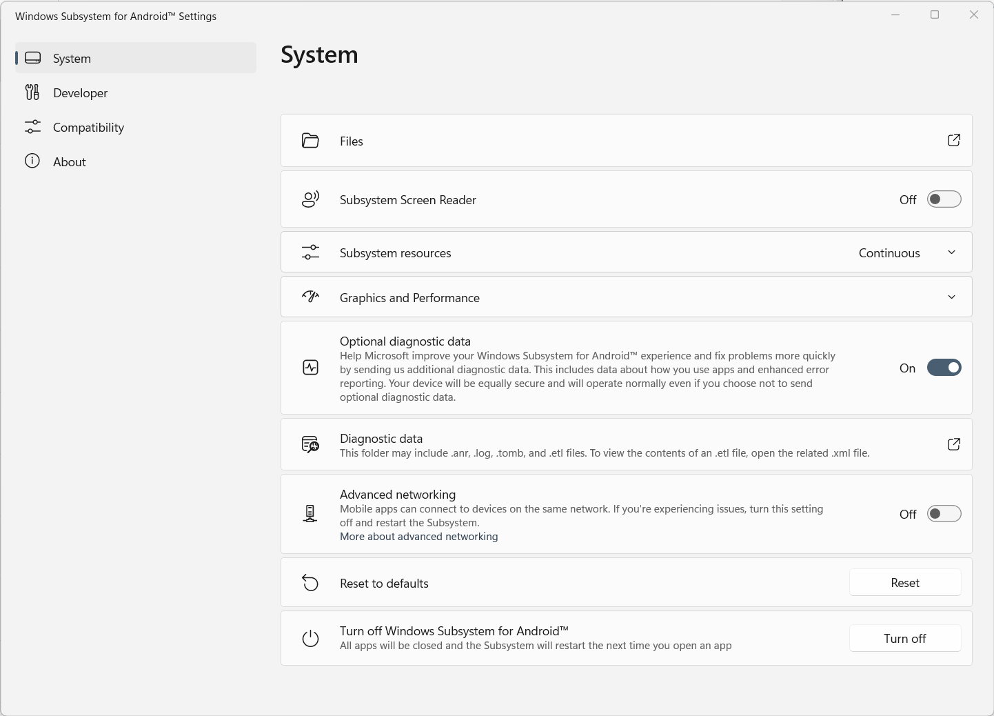 A screenshot of the Windows Subsystem for Android app.