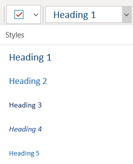 The Styles menu showing different heading styles in OneNote for Windows 10.