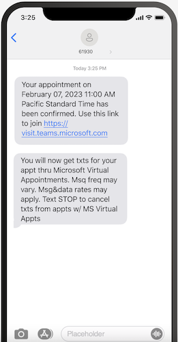 Example of confirmation text for a virtual appointment