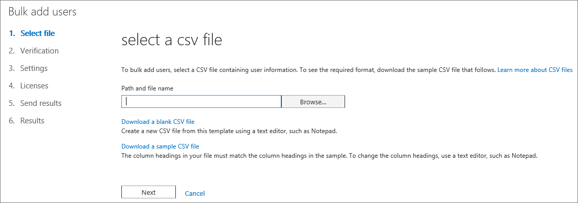 Step 1 of the Bulk Add Users Wizard - Select CSV File