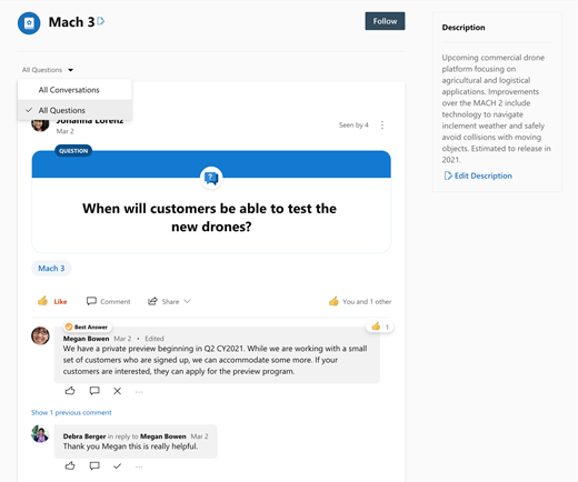 Screenshot showing filtering topics in Yammer