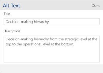 Screenshot of the alt text dialog in Word Mobile containing Title and Description fields.