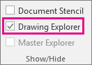 Drawing Explorer selected on the Developer tab in Visio 2016