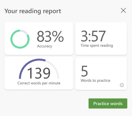 screenshot of data from a reading Coach session, accuracy, time spent reading, correct words per minute, and the number of words to practice is shown. 