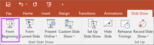 Shows the "from beginning" button on the slide show tab in PowerPoint