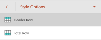 Style Options command, with Header Row selected