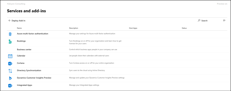 Screen capture: Settings and add-ins page in Microsoft 365 admin center preview.