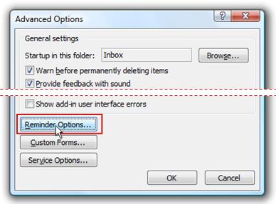 Reminder Options in Advanced Options dialog box