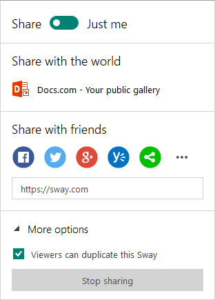 Sharing options in Sway (Microsoft Account)