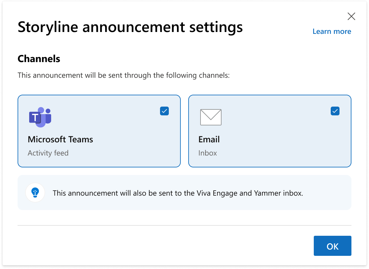 Image of the storyline announcements setting available to leaders with an Audience in Viva Engage
