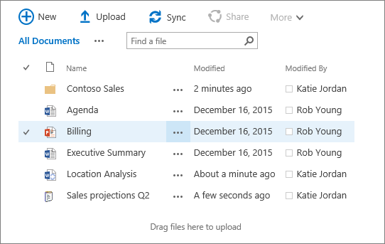 Dialog box of sharepoint document library with several files in it.