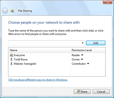 File Sharing dialog box on Windows Vista