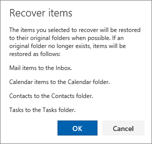 A screenshot shows the Recover items dialog box that describes that items selected to recover will be restored to their original folders when possible.