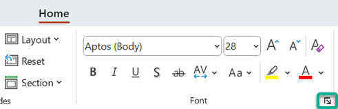 The Font dialog-box launcher on the Home tab of the ribbon.
