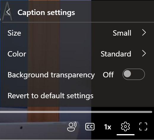 A menu displays options to change the size, color, and transparency of captions text.