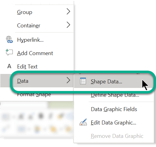Right-click a shape, then select Data, and then select Shape Data.